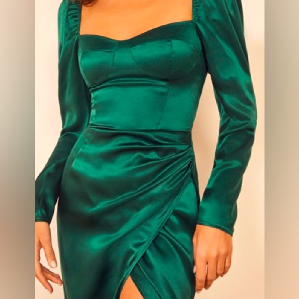 Reformation silk emerald green Gloriana dress